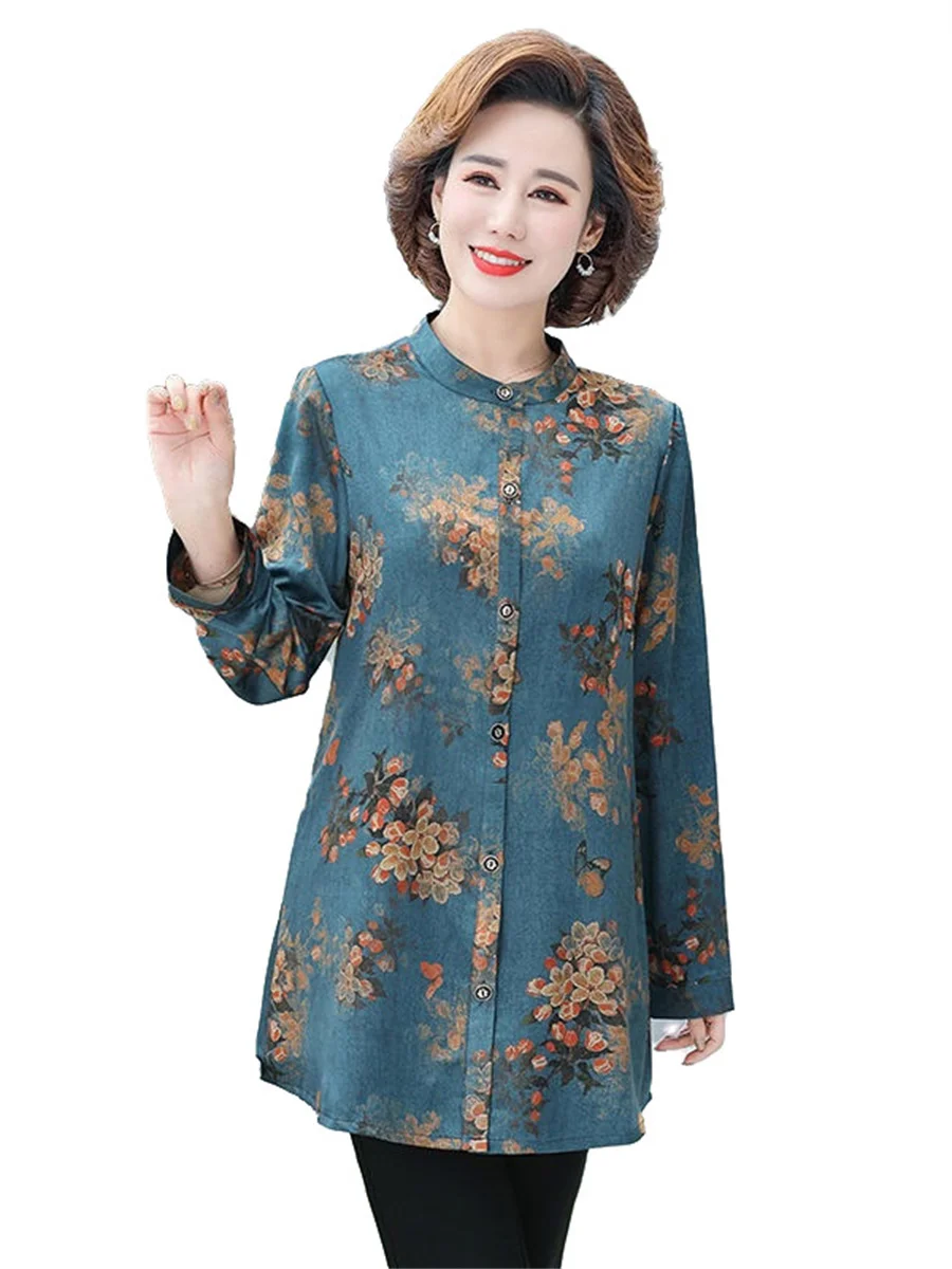 5XL Women Spring Autumn Blouses Shirts Lady Fashion Casual Long Sleeve Turn-down Flower Printing Blusas Tops TT2106