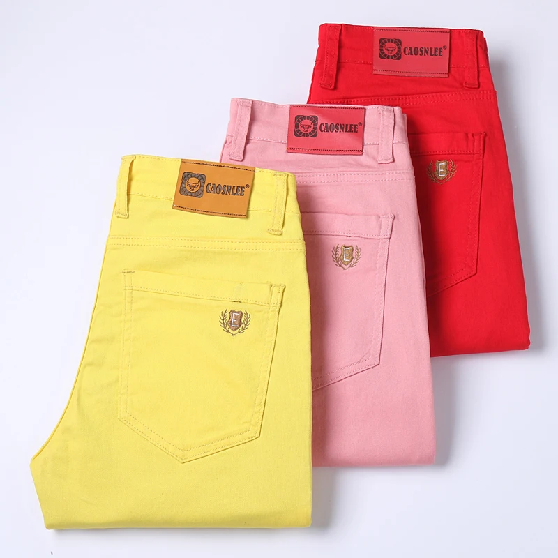 Yellow Pink Red  Men's Colorful Denim Stretch  Jeans New Elastic Slim Male Clothing Simple Business Denim Trousers