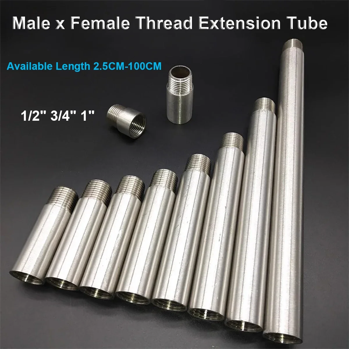 

Length 2.5-100cm Male x Female Thread Extension Tube 304 Stainless Steel Seamless Pipe Fitting Connector Adapter 1/2" 3/4" 1"
