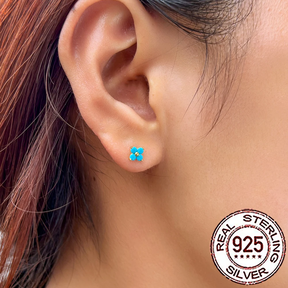CWWZircons Mini-Piercing-Ohrringe aus 925er-Sterlingsilber, niedliche Blatt-Blume, blau, türkis, für Damen, Hochzeit, Party, edler Schmuck SE075 – Detail 5