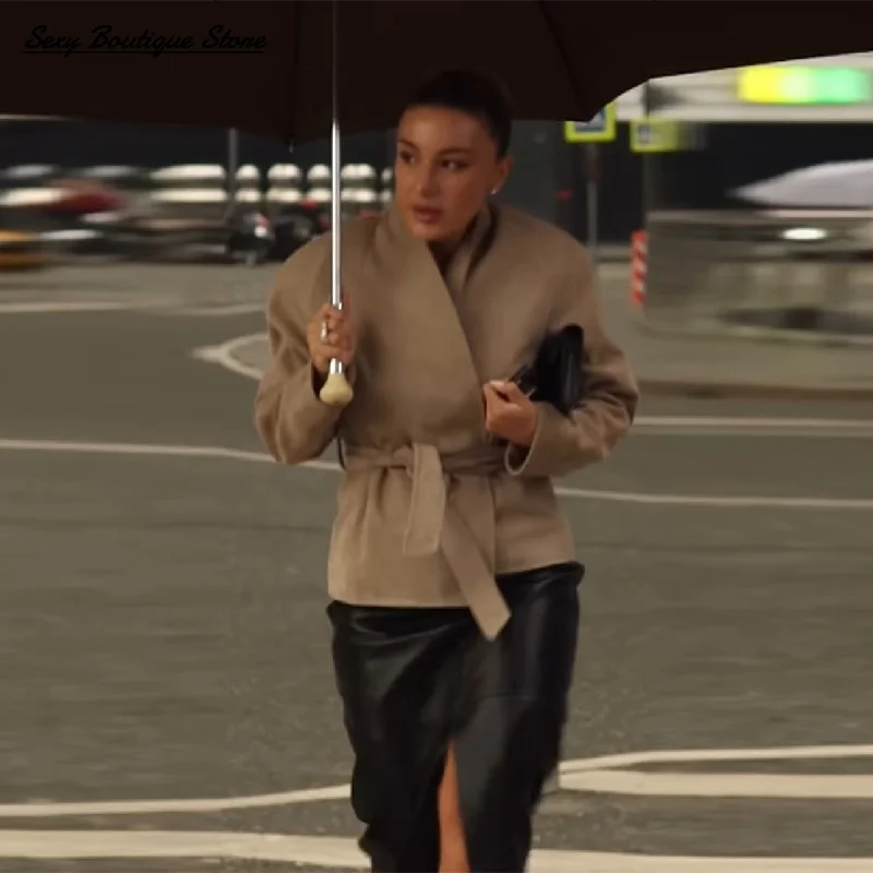 

Autumn Vintage Brown Jacket For Women Full Sleeve V Neck Coat With Belt Woolen Blended High Street Outwears 2025 New Lady Coats