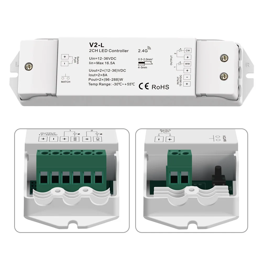 WW CW V2-L ثنائي اللون LED باهتة 12-48 فولت 2 قناة RF 2.4G لاسلكي للتحكم عن بعد CCT شريط إضاءة أبيض مزدوج المنتج الأصلي