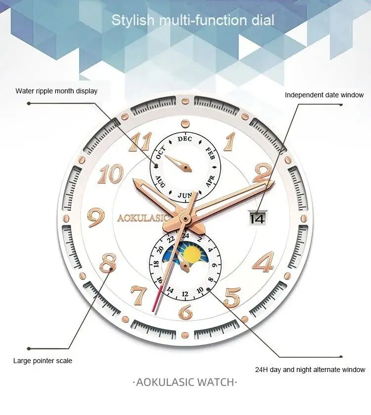 AOKULASIC Brand Mechanical Automatic Self Wind Men\'s Watch Moon Phase 3Bar Waterproof Day Date Sports Wristwatch Best Gift