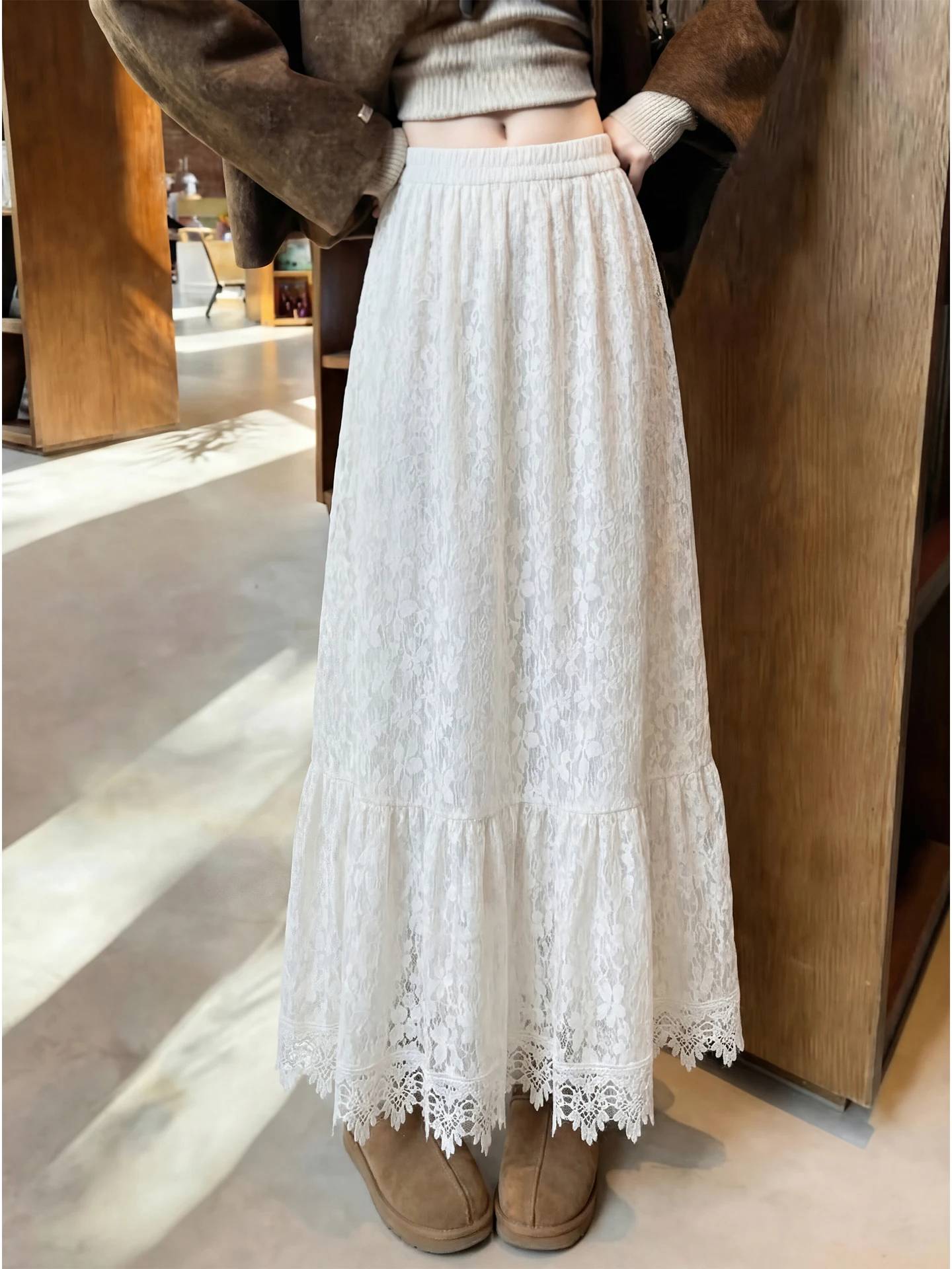 

Spring 2026 High Waist A-Line Long Skirt Women's Lace f Skirt plus Size Ele White Cake Skirt Slimming Gown