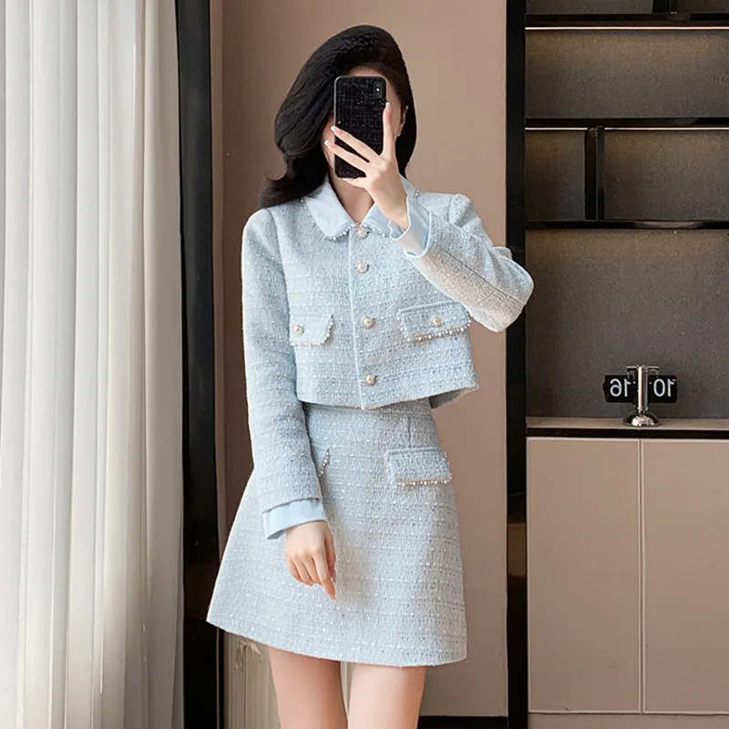 High-end French Luxury Small Fragrance Tweed Two Piece Set Women Woolen Short Jacket Coat + Mini Skirts Sets Sweet 2 Piece Suits