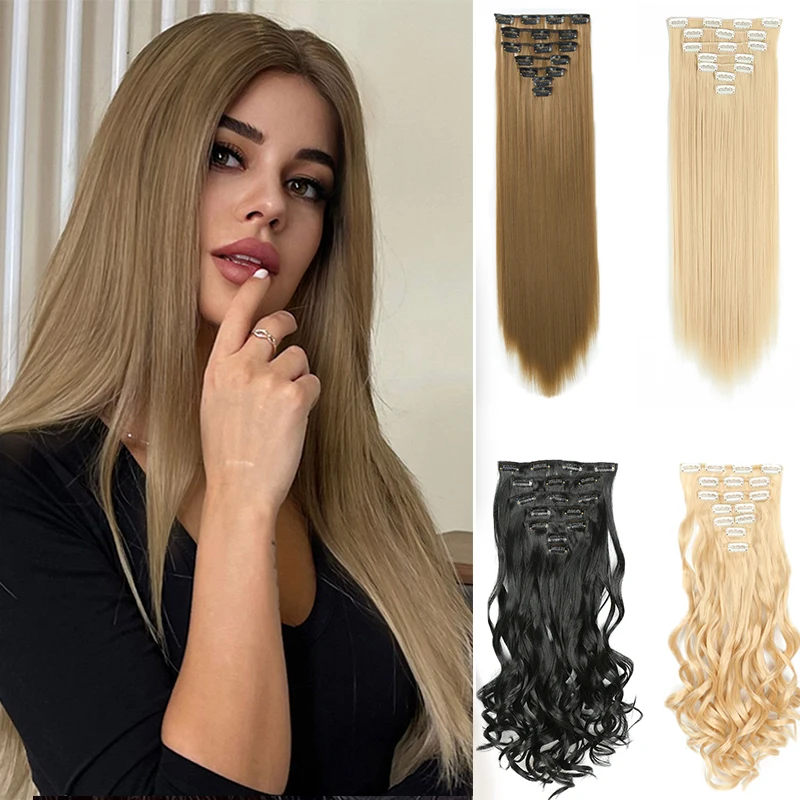 

7pcs/set Long Clip in Hair Extensions 24inch Brown Straight Clip in Thick Hairpiece for Women Synthetic Natural Fibre Fake Hair