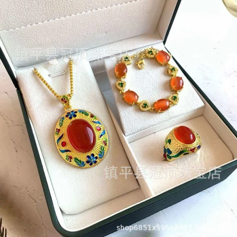 's Eye Stone Gold Inlaid Cloisonn Jewelry Pendant Ring Bracelet Necklace Three-Piece Set
