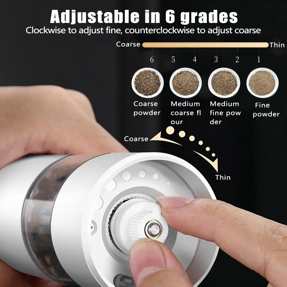 Stainless Steel USB Rechargeable Electric Pepper Grinder Warm Color Light 6 Adjustable Thick One-button Control Grinding Tools