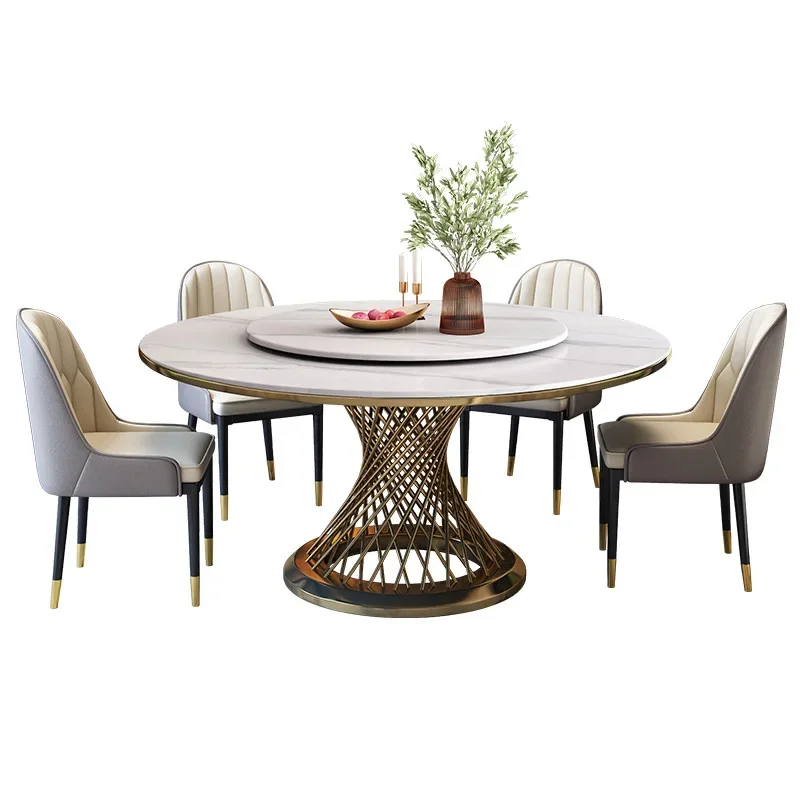 

Italian Luxury Stainless Steel Legs Dinner Table Mod Round Rotating Slate Top Dining Table