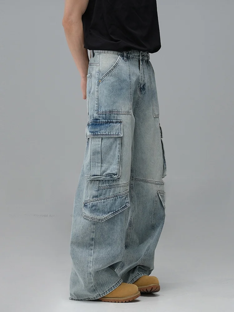 American Retro Washed Multi-Pocket Work Pants Men's Loose Straight Leg Wide Leg Jeans Casual Comfortable Cotton Polyester Blend