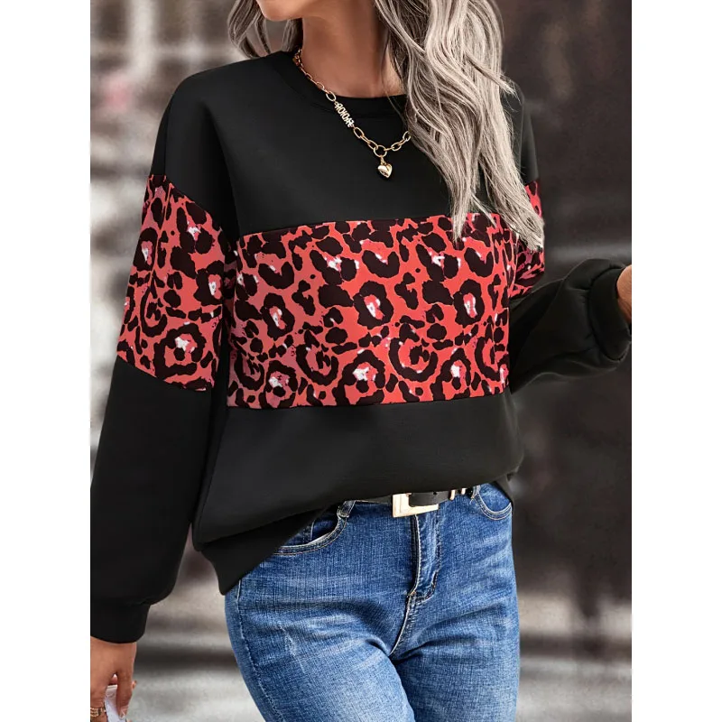 2023 New Autumn Fashion Print Loose Round Neck Leopard Print Long Sleeved Temperament Commuting Women\'s Loose Casual Sweater