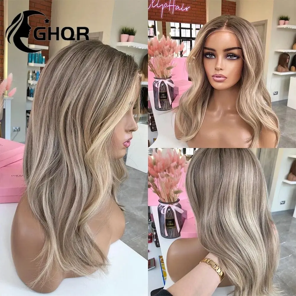 Peruca frontal do laço do cabelo humano, onda natural, laço transparente, nós branqueados, loiro marrom e cinza, destaque e loiro