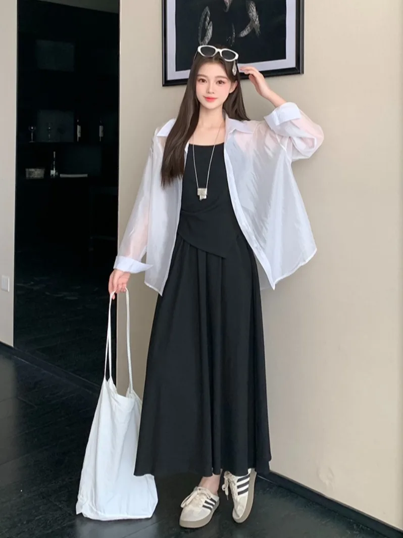 

Летний комплект из двух предметов в корейском стиле: платье на бретельках и рубашка для защиты от солнца, женский модный дышащий комплект больших размеров с длинными рукавами