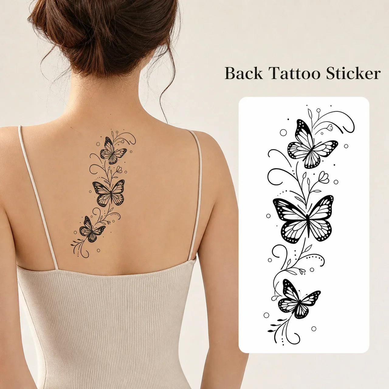 Butterfly Floral Temporary Tattoo Sticker, Disposable Waterproof Arm Tattoo, Black Butterfly Vine Design, 15 x 9 cm