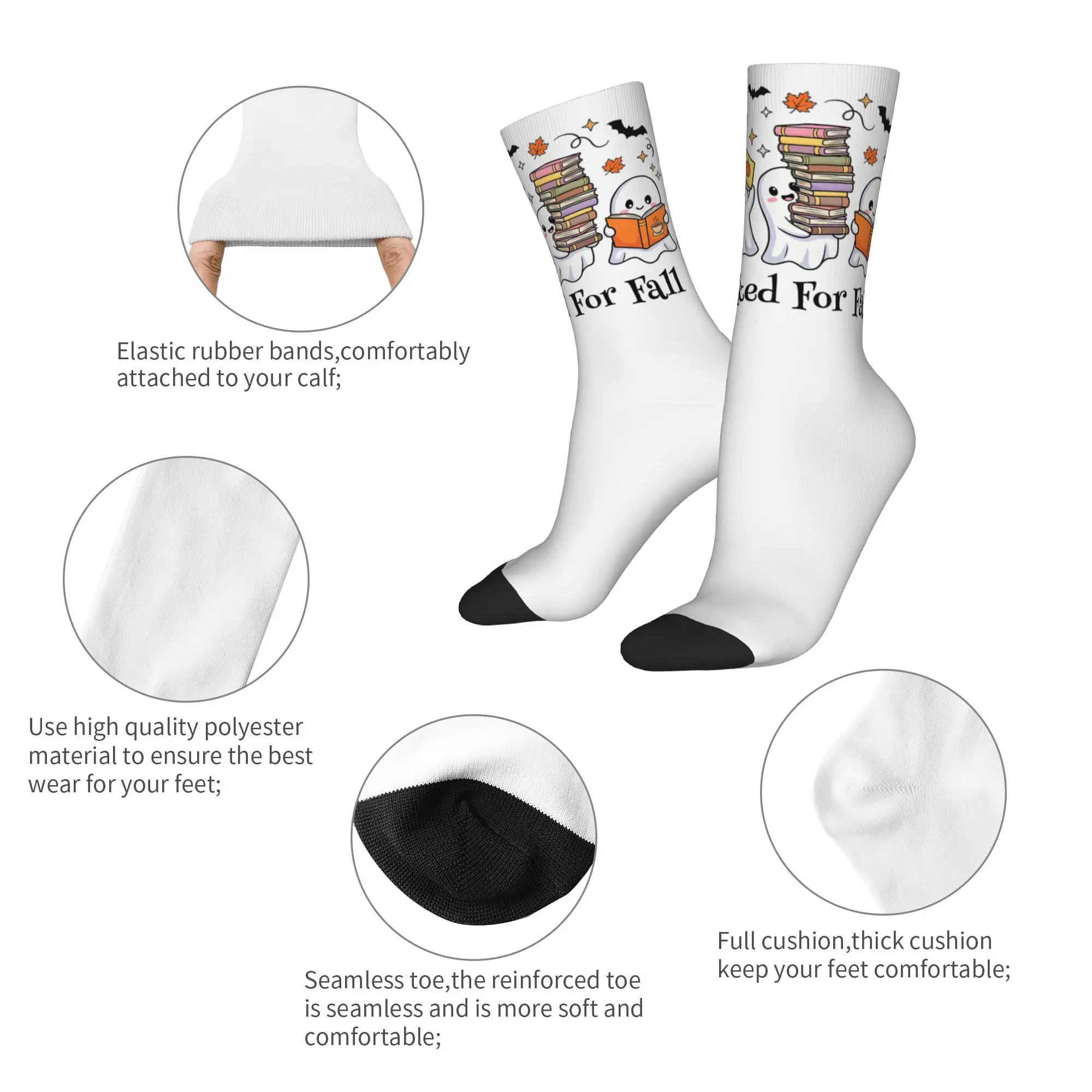 Harajuku All Booked for Fall Halloween Ghost Basketball Socks Humor Book Lover's Polyester Crew Socks for Women Men Non-slip