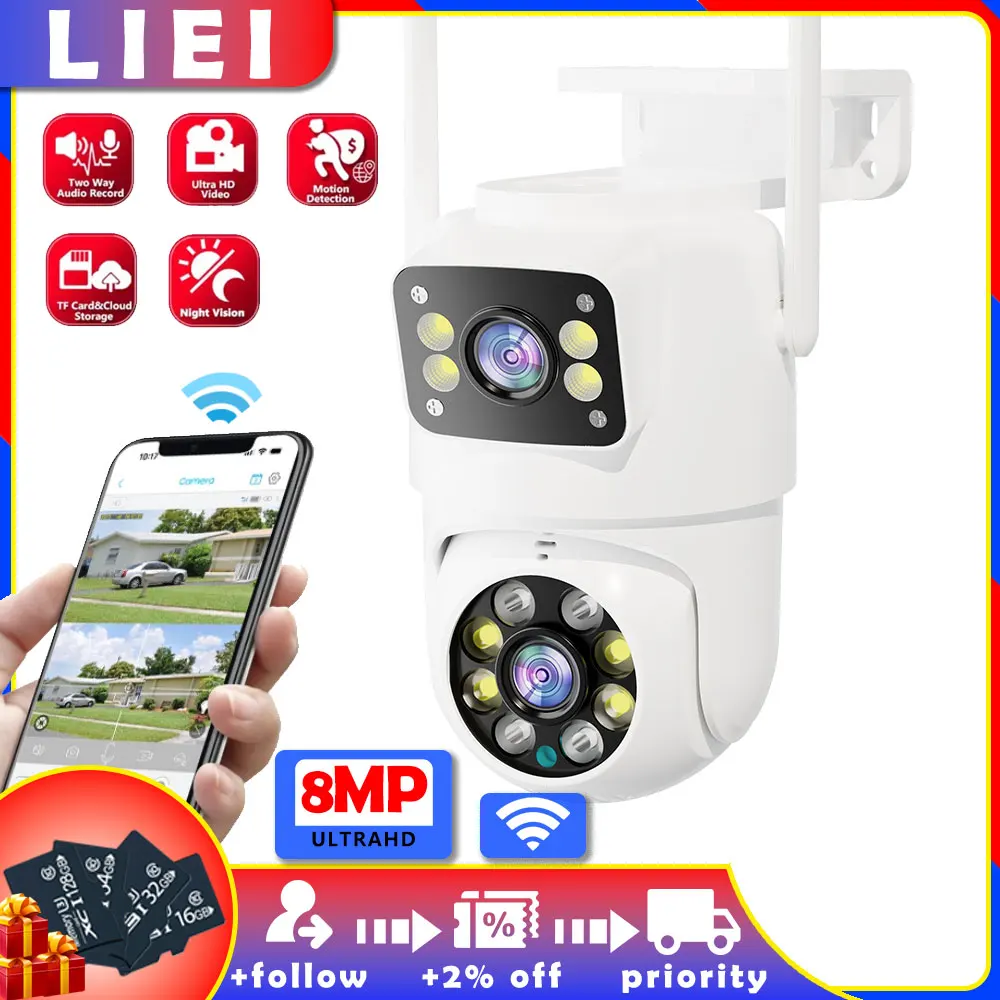 

LIEI WIFI Surveillance Camera 8MP Dual Lens Wireless Outdoor Security PTZ IP 360 Cameras AI Human Detect Digital CCTV Camera