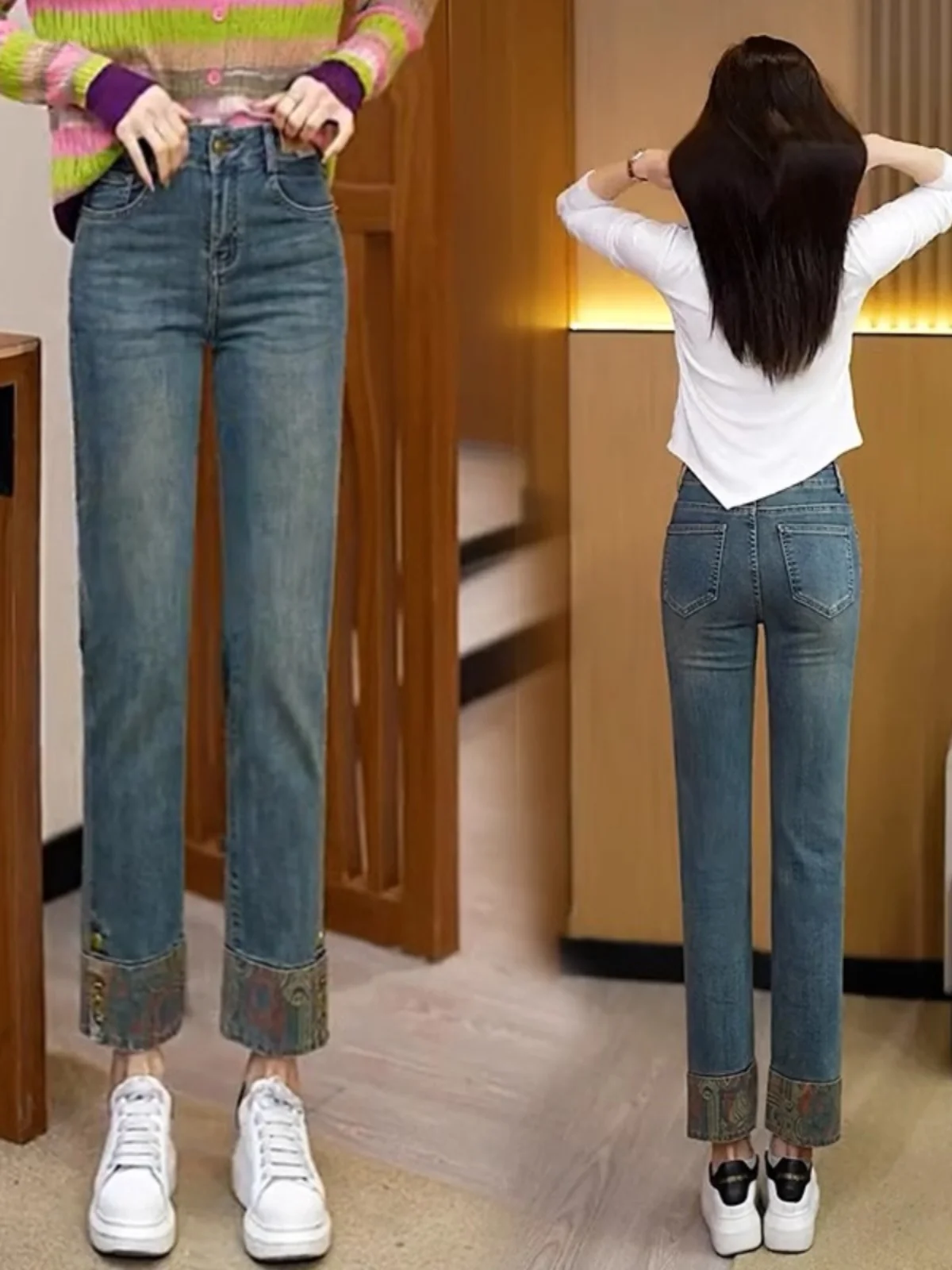 

Облегающие прямые джинсовые брюки с высокой талией, женские осенние новые брюки с девятью очками, джинсовые брюки