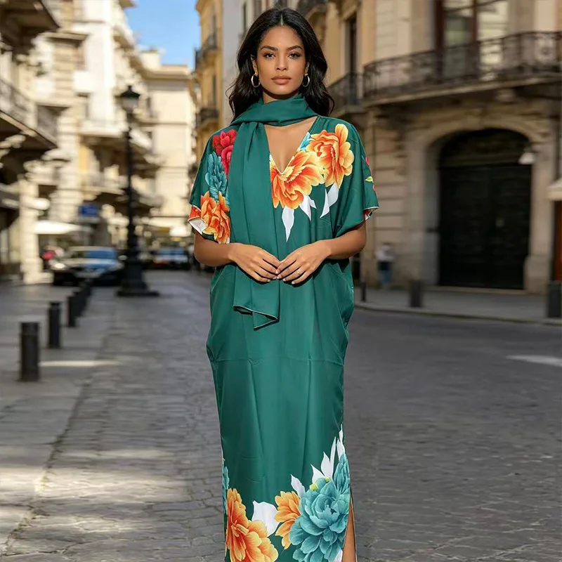 

African Clothes for Women Dashiki African Dresses Summer Short Sleeve V-neck Polyester Printing Long Dress Africa Clothing