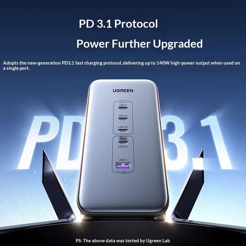UGREEN 25767 GaN Charging Station 200W 4 USB-C USB-A 2 AC Outlets PD3.1 140W USB-C USB2.0 Hub for Laptop Phone Tablet