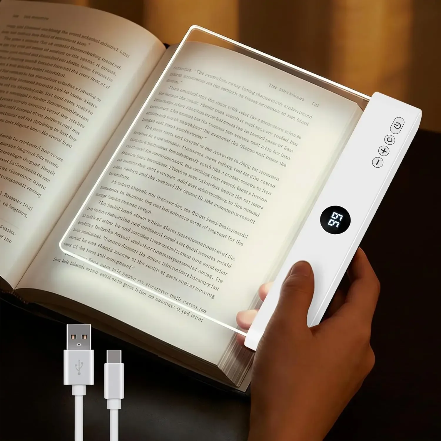 Rechargeable Book Light, Clear LED Flat Reading Light with Dimmable Brightness, Full Page Panel Lamp for Reading at Night in Bed