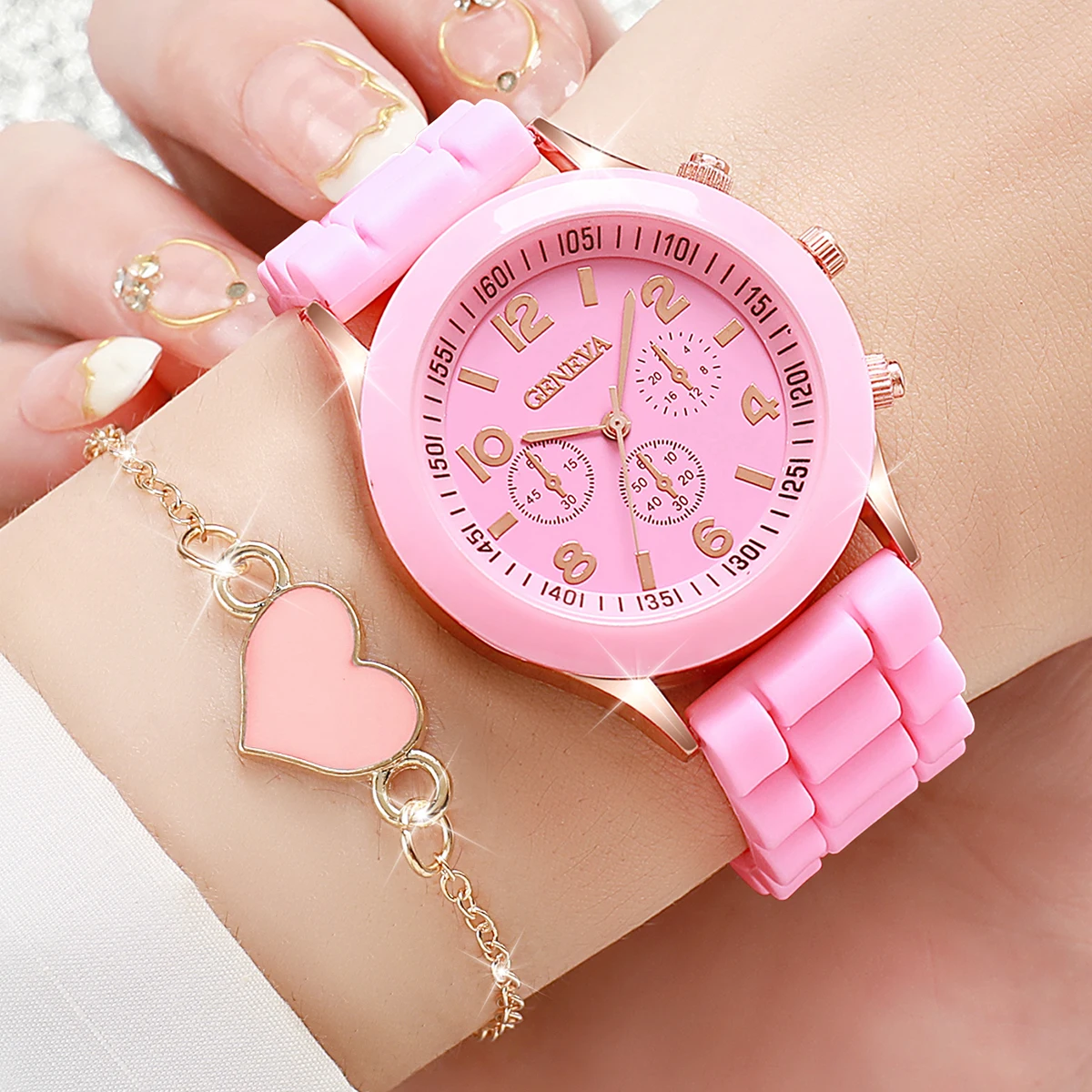 6PCS Fashion Silicone Band Women\'s Watch Arabic Dial Quartz Watches Heart Bracelets Set（Without Box）