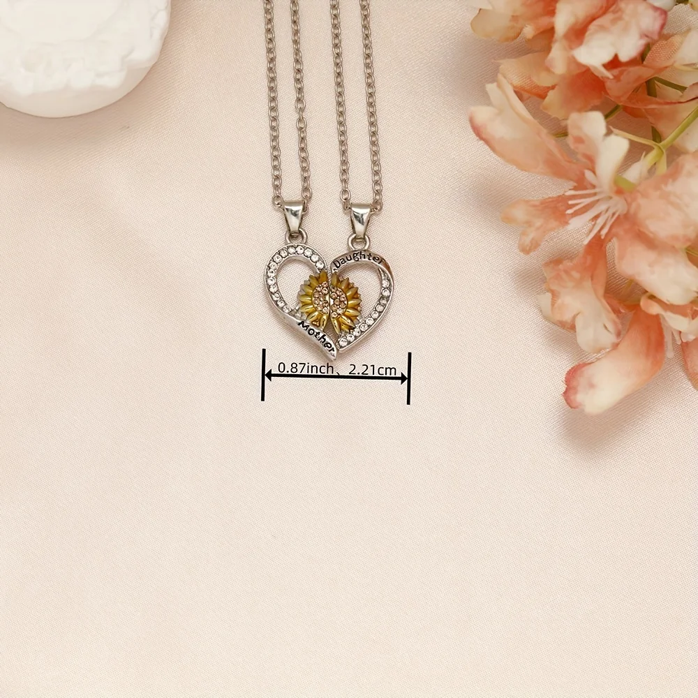 2pcs Creative Cute Trendy Sunflower Heart Pendant Necklace Decorative Accessories Holiday Birthday Gift For Mom And Daughter