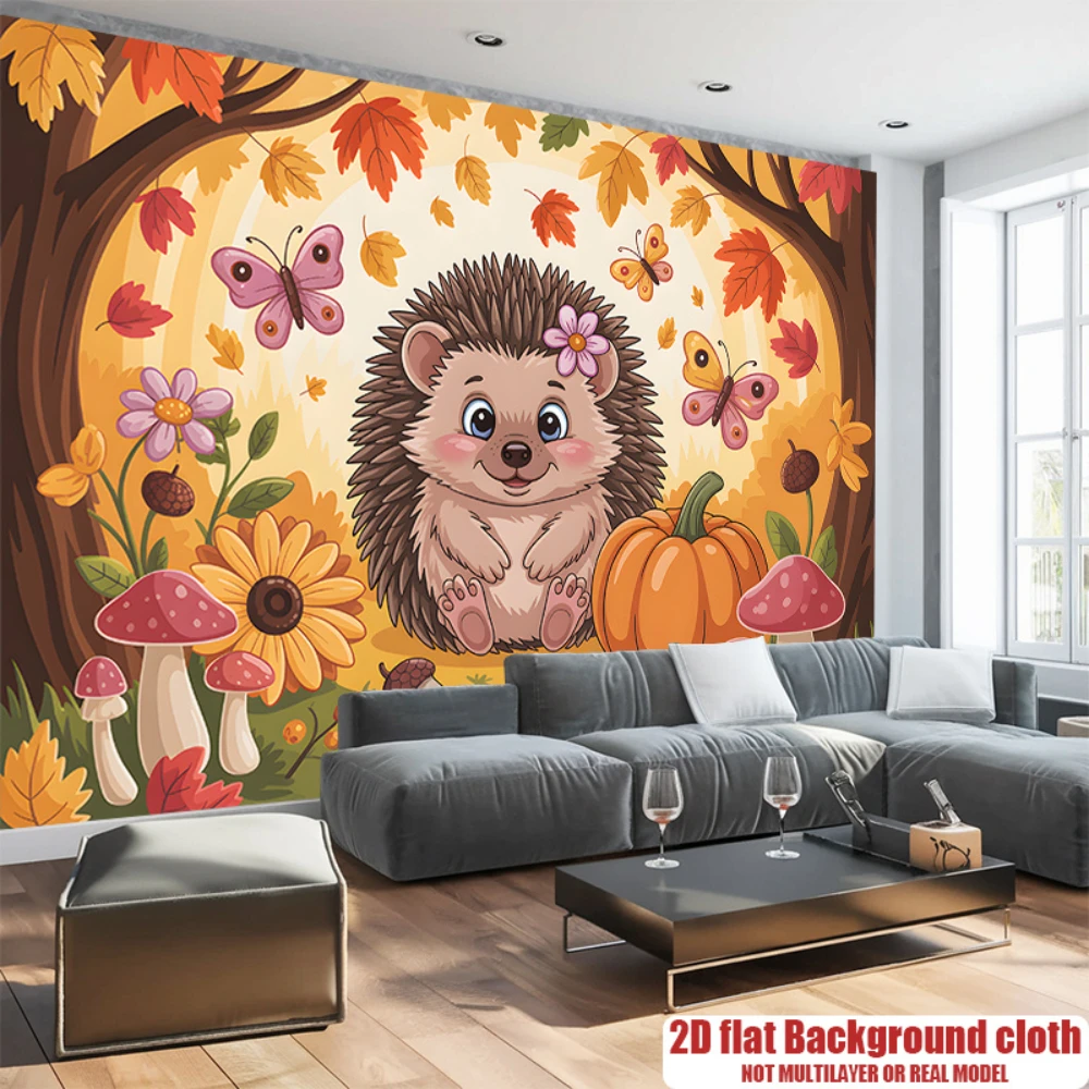 1PC Fall Hedgehog Autumn Nature Print Backdrop Banner, Bedroom Living Room Kitchen Photo Background, Polyester, Party Decoration