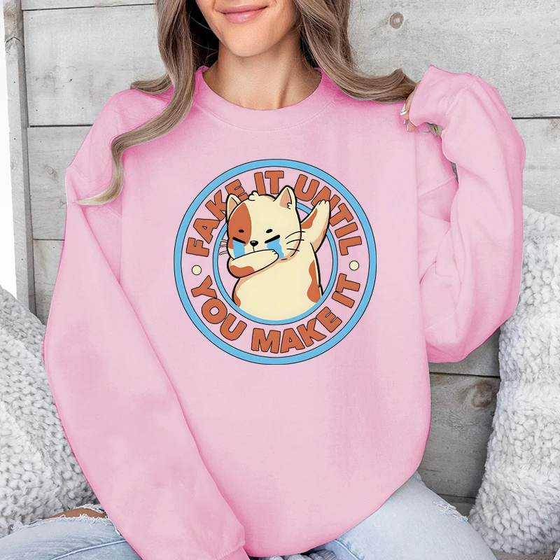 Crying Cat Fake It Until You Make It Print Pullover Crew Neck Top Women Anime Hoodless Sweatshirt Long Sleeve Cartoon Sportswear