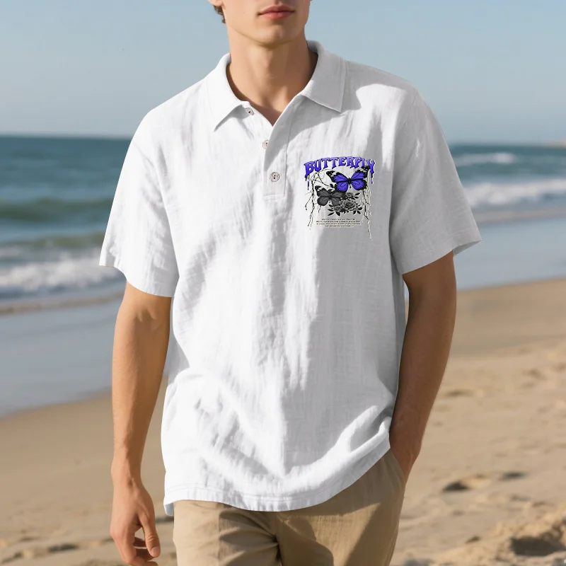 Men White Wrinkle Linen Texture Polo Shirt Chest Purple Drip Butterfly Rose Flower "BUTTERFLY" Letter Graphic Print Short Sleeve 3 Buttons Lapel Collar Lightweight Breathable Beach Vacation Casual Top