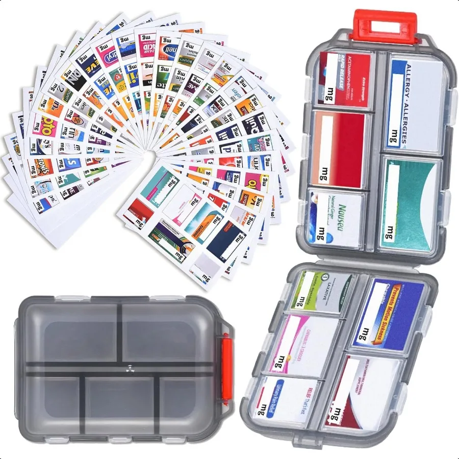 

Дорожный органайзер для таблеток с 189 этикетками для лекарств, 10 отделений, небольшой футляр для таблеток, компактная и портативная дорожная коробка для таблеток для самолета