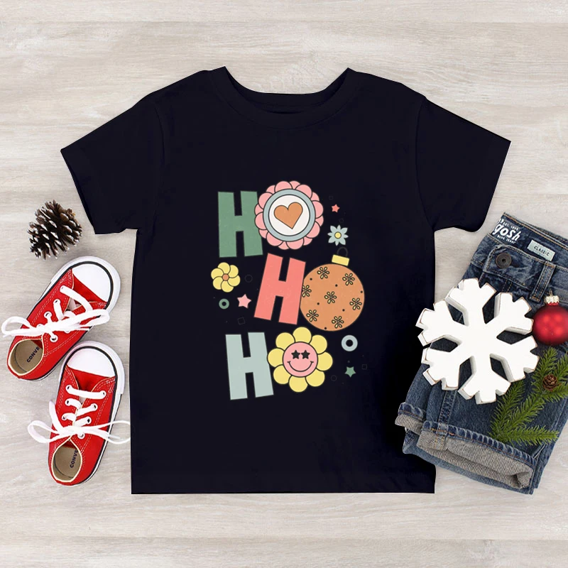 Merry Christmas Ho Ho Ho Flowers Print T Shirt Kids Fashion Short Sleeve T-shirt Boys Girls Xmas Party Children Holiday Tshirt