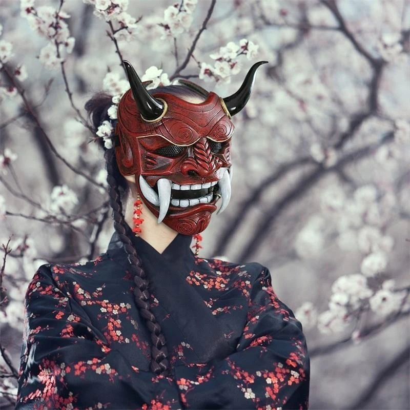 Prajna masker halloween aankleden mannelijke demon spook samurai shura volledig gezicht hoektanden Japanse hars rollenspel tafelblad spel