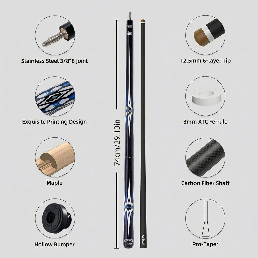 CRICAL Carbon Fiber Pool Cue Stick with 12.5mm Tip 3/8*8 Pin Joint Billiard cue low deflection Easy to Control Billiard Sticks