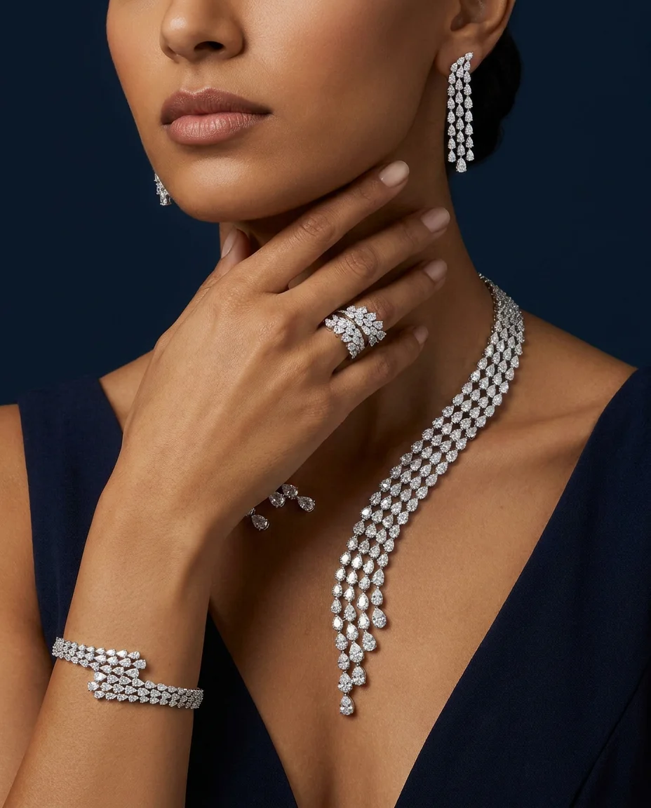 Bride Talk Luxury 4PCS Multi-layer Teardrop Tassel Bridal Jewelry Set Dubai African Zirconia Necklace Earrings Bracelet Ring