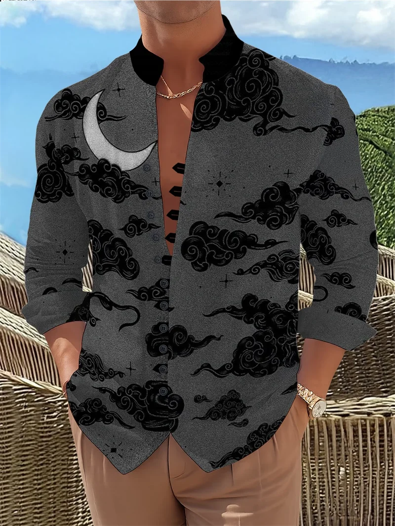

New Retro Tribal Style Contrasting Printed Shirt men's Stand Up Collar Single Breasted Personalized Long Sleeved Top