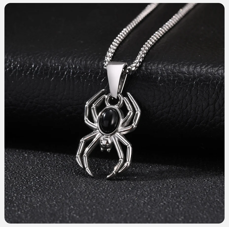 Vnox Spinnen-Anhänger Halskette für Männer, Edelstahl mit natürlichem schwarzem Achatstein, Tier-Halskette, Punk-Gothic-Schmuck Geschenk – Detail 5
