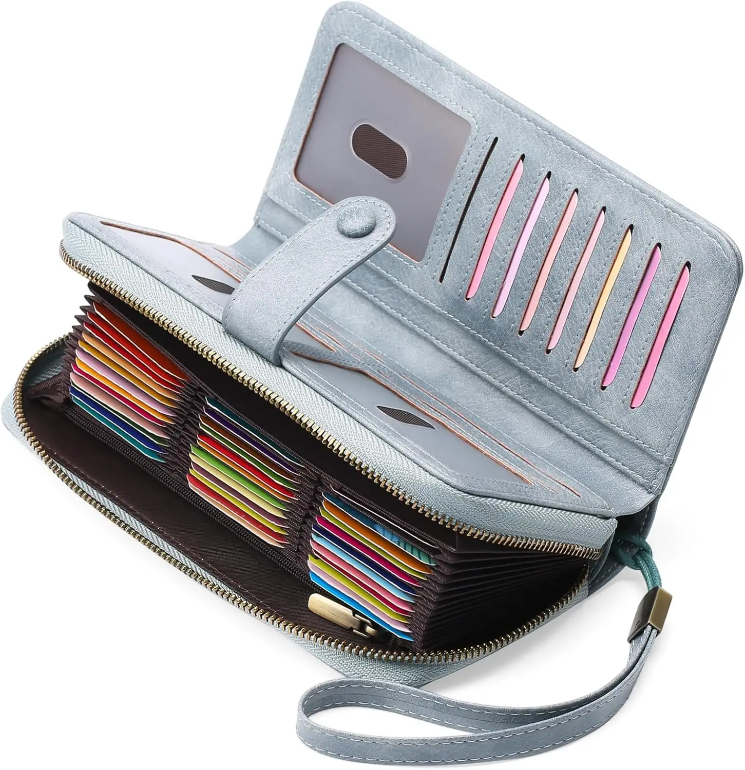 

Women's Leather RFID Blocking Wallet with Wristlet, Large Capacity Bifold Zipper Card Case Organizer with 45 Slots