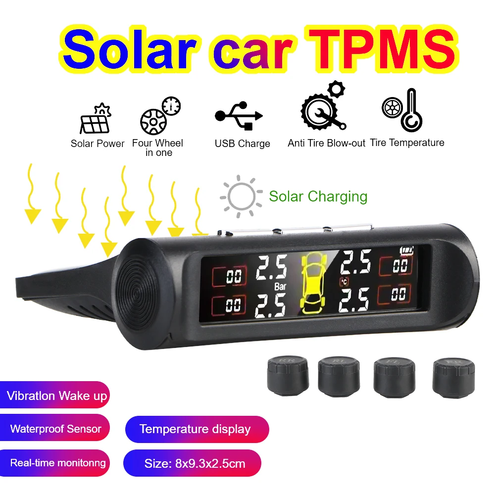 

Auto Security Solar Power Digital LCD Display Tyre Pressure Monitoring System 0.1-8Bar Smart External Car TPMS Universal