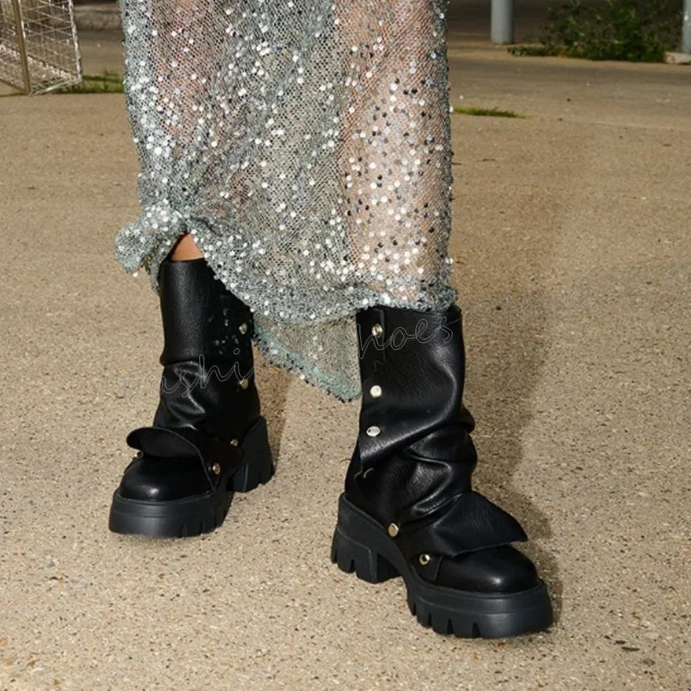 

Black Studded Pleated Boots Mid Calf Matte Leather Round Toe High Heel Shoes for Women Sexy Heels 2025 New Zapatos Para Mujere