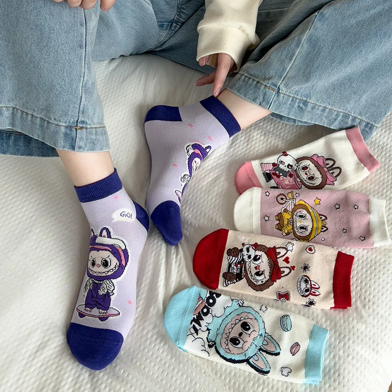 In Stock Cute Cartoon Anime Labubu Cotton Short Socks Low Tube Women's Sock Color Blocking Design Fashion Trend