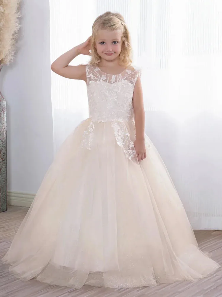 Ivory tulle appliques Flower Girl dress Can custom size color elegant kids formal occasion dress wedding birthday prom New gown