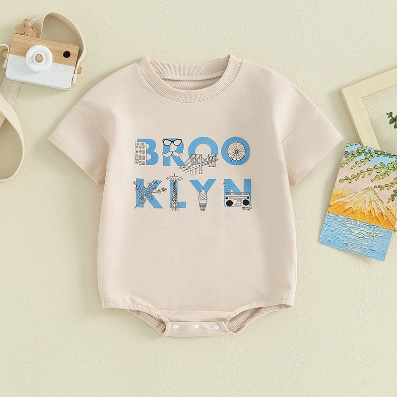 

Infant Baby Boy Girl Summer Clothes Letter Print Short Sleeve Crewneck Romper Jumpsuits Infant Bodysuit