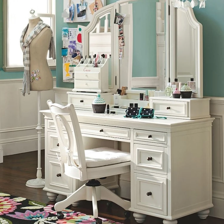 

Cream wind dresser bedroom storage light luxury large mirror small apartment all solid wood makeup table can be customized