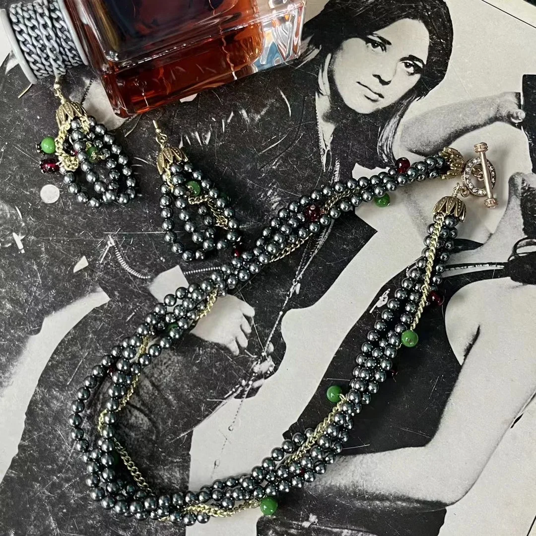 Vintage Temperament Szare szklane koraliki Kolczyki Naszyjnik dla kobiet Dziewczyna Prezent Party Choker Biżuteria hurtowa