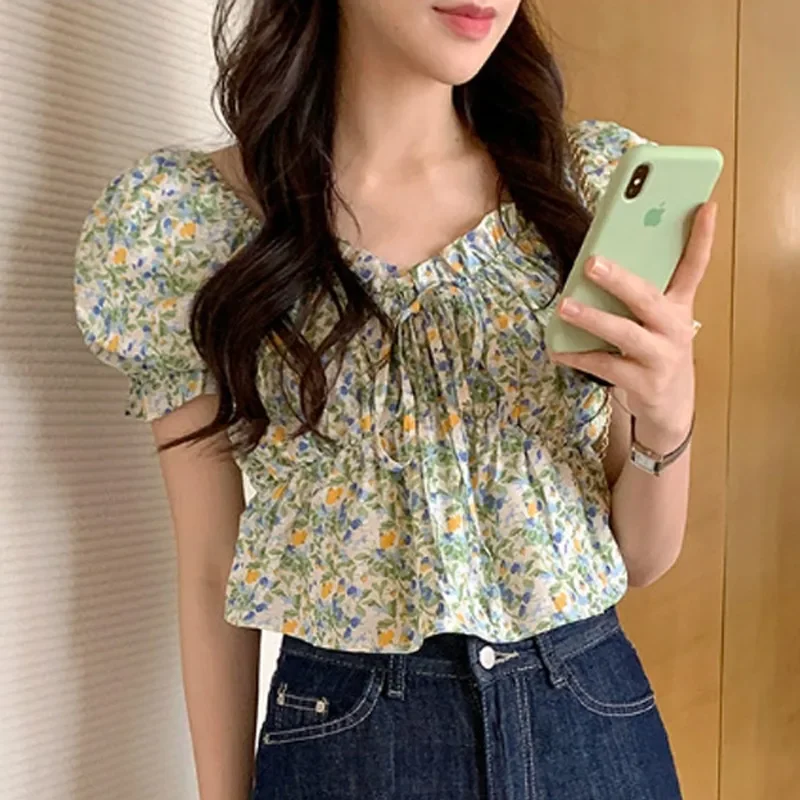 Fashion Summer Floral Printing Short Sleeve Women T-shirt New Sweet Lace-up Blouse Elegant Casual Short Tops