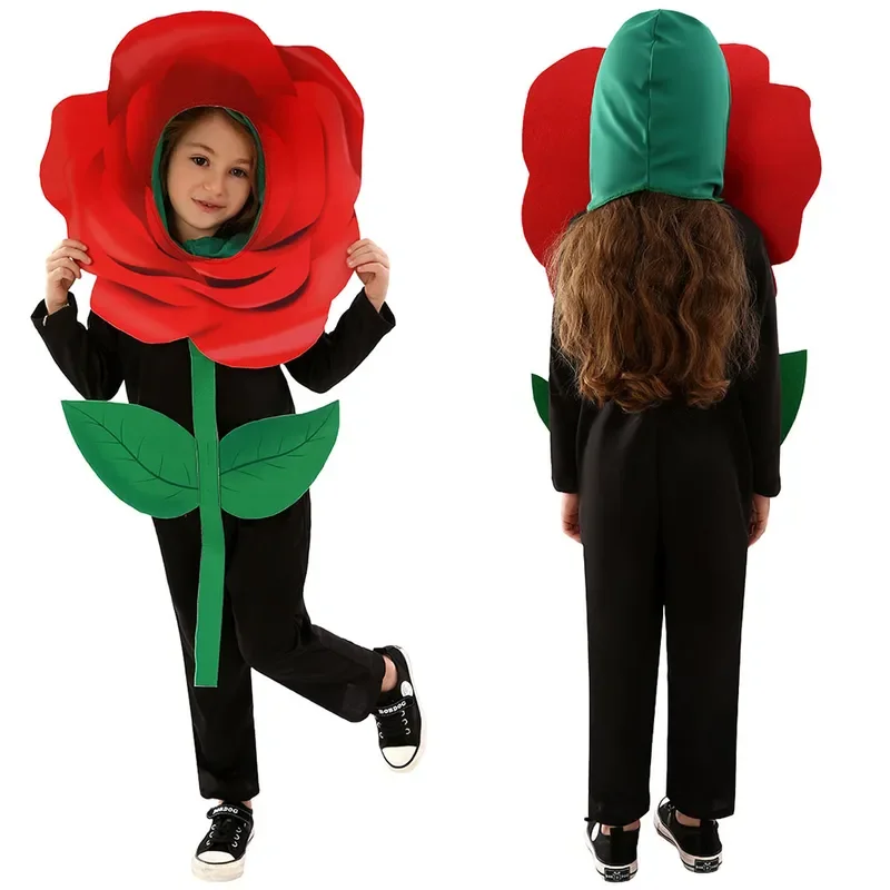 EE01 Kids Rose Flower Cosplay Boys Girls Fantasy Jumpsuit Hat Campus Stage Performance Costume Halloween Carnival Party DisgIo0！