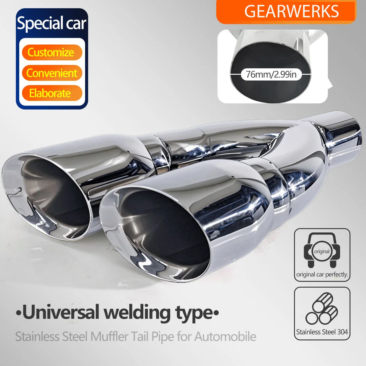Universal Muffler Protection Tips U-shaped side-sloped dual outlets, stainless steel, tailpipe, one-piece two outlets