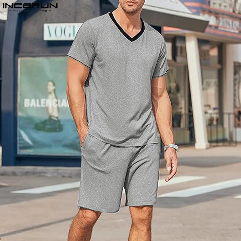 INCERUN 2024 American Style Sets Fashion Men's Short Sleeved T-shirts Shorts Casual Loose V-neck Streetwear Two-piece Sets S-5XL