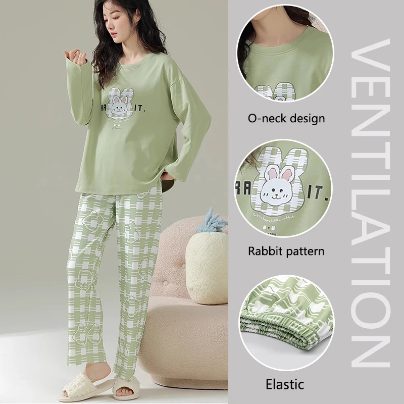 Cotton High Quality Large Size Ladies Autumn Winter Pajamas Women Pullover Long-Sleeved Cartoon School Homewear Green 2PCS/Set