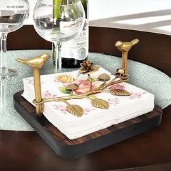 Creatireative Wood Tissue Box Square Cute Metal Bird Pattern Wipes Case Paper Tray Napkin Holders Restaurant Home Decoration